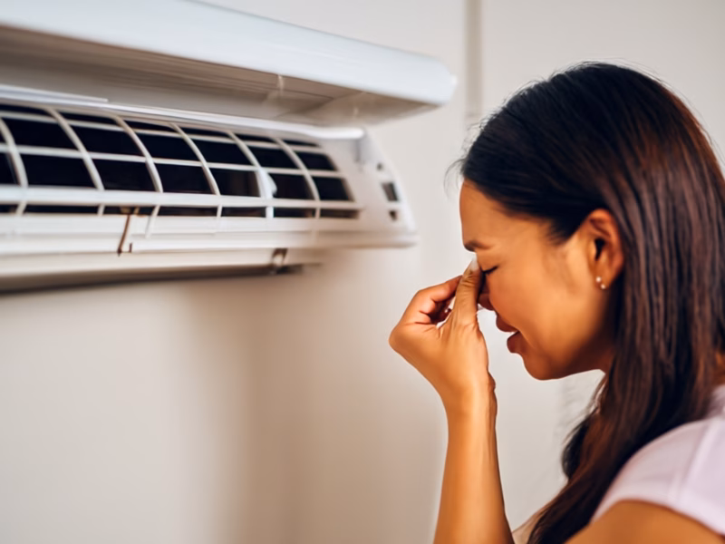 A woman pinching her nose in front a smelly home air conditioner vent.