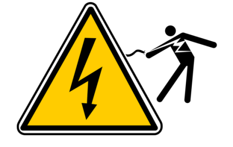 Person being shocked by Electricity Danger Warning sign.