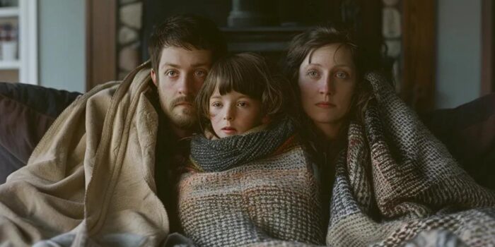 A family huddled under blankets during winter heat outage in Charlottesville, VA.