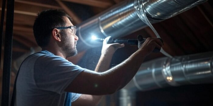 An HVAC technician in an attic near Charlottesville, VA, inspecting leaky ductwork with a flashlight. The technician is sealing a visible gap with metallic tape.