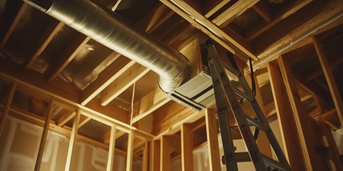 A 35mm-style realistic image showing clean ductwork in a home under inspection near Charlottesville, Virginia, with airflow directions and technician tools visible