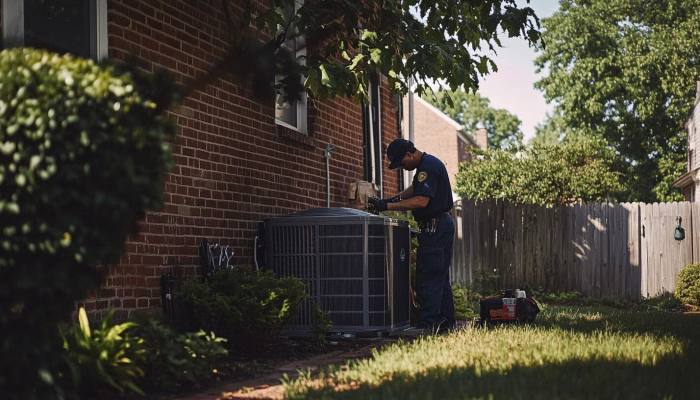 HVAC technician working on a home air conditioner in a Charlottesville neighborhood during a summer afternoon.