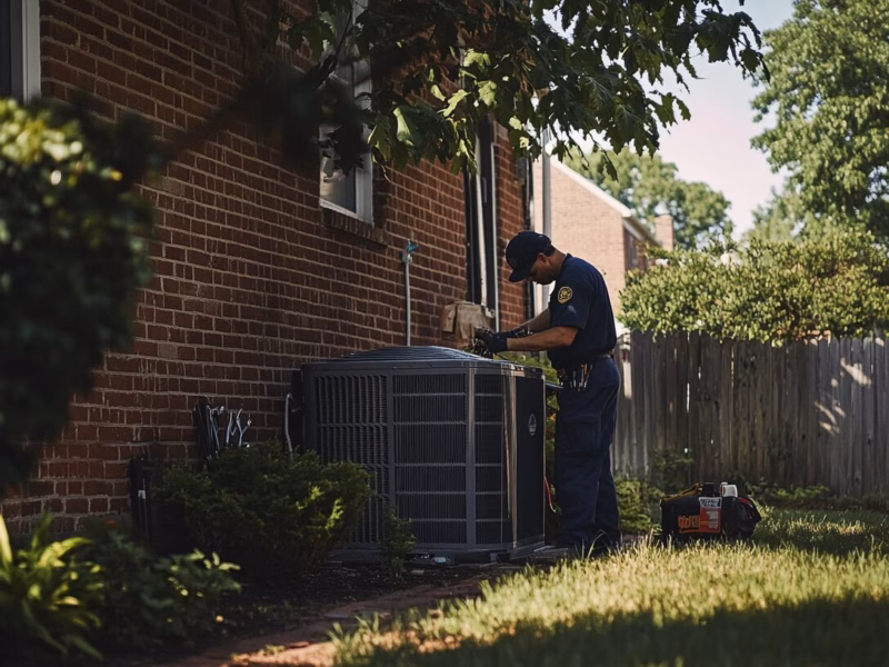 HVAC technician working on a home air conditioner in a Charlottesville neighborhood during a summer afternoon.