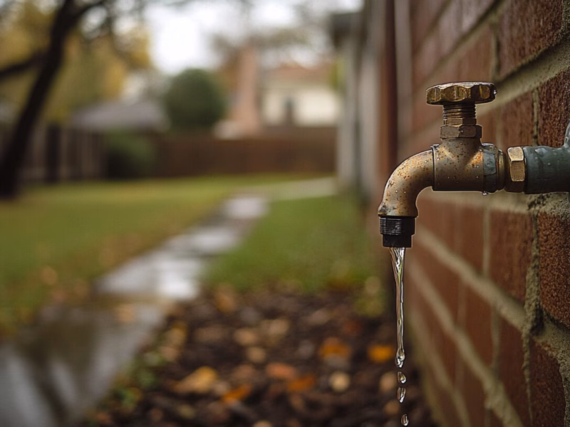 A dripping outdoor faucet on a historic brick home near Belmont in Charlottesville, with visible water droplets and morning dew on surrounding grass.
