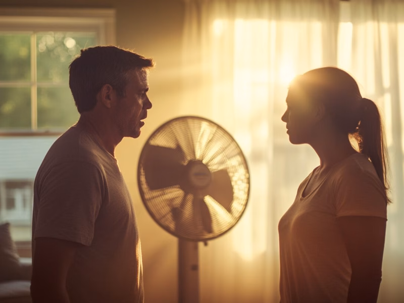 Sweaty homeowners checking a thermostat inside a home near Albemarle County, VA, as indoor temperatures rise during an A/C outage.