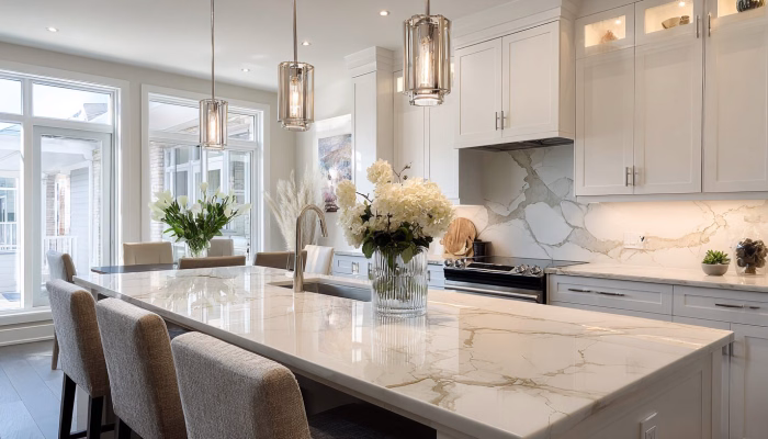 Updated kitchen lighting with modern pendant fixtures above a marble island in a Charlottesville home