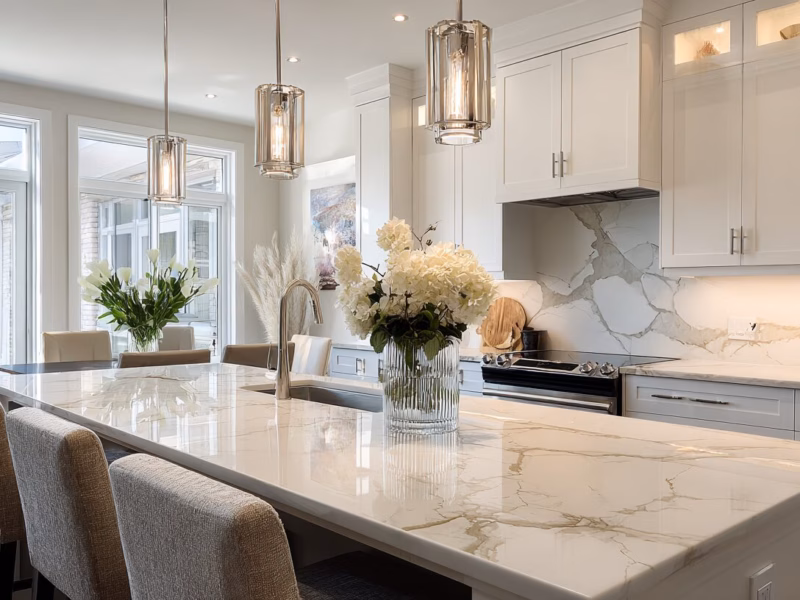 Updated kitchen lighting with modern pendant fixtures above a marble island in a Charlottesville home