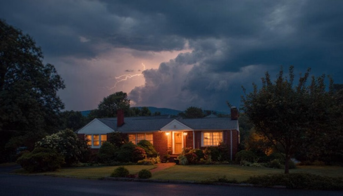 Lightning strike near Charlottesville with a home protected by surge protector on electrical panel in the foreground.
