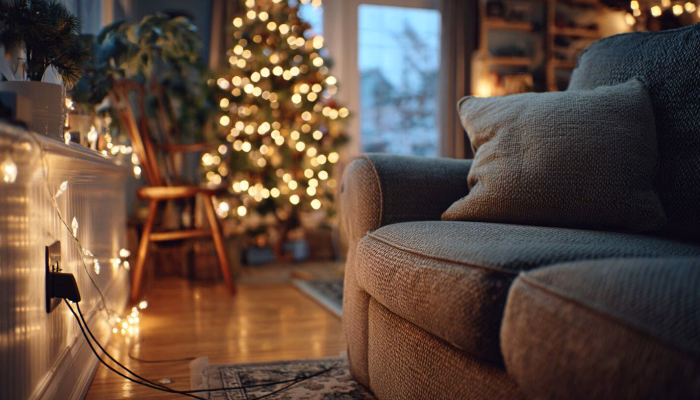 A Christmas-decorated living room in a Charlottesville home shows holiday lights connected to household electrical outlets.