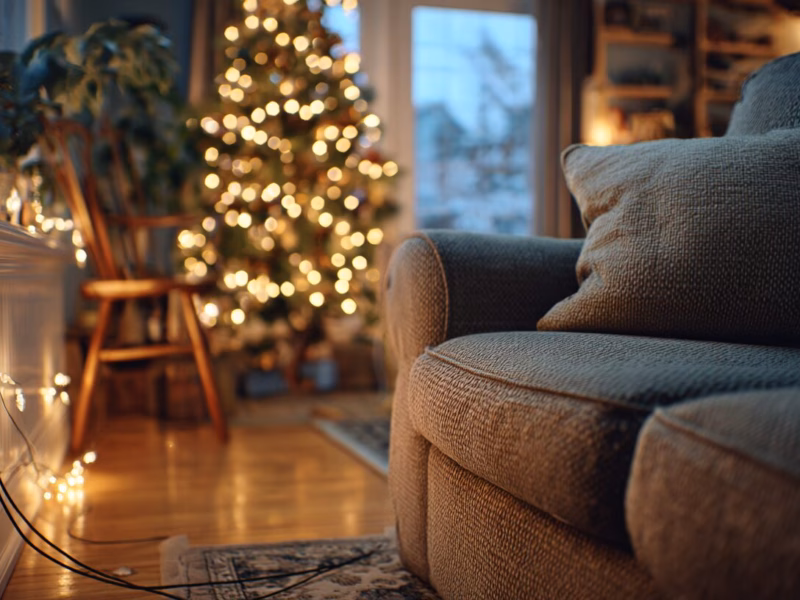 A Christmas-decorated living room in a Charlottesville home shows holiday lights connected to household electrical outlets.