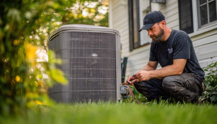 An HVAC unit and electrical components being inspected outside a home near Charlottesville, Virginia, showing how heating and cooling systems impact electrical load