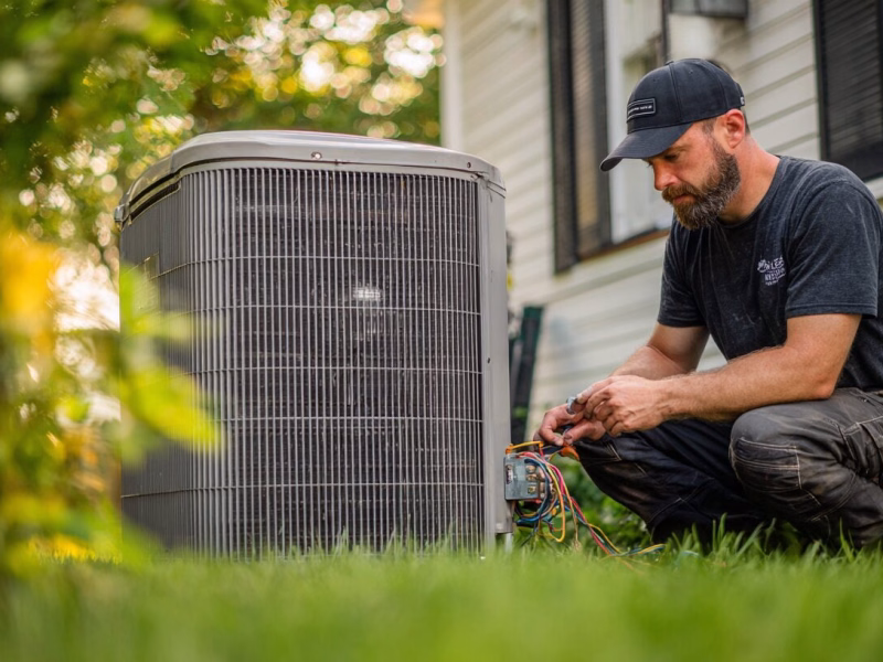An HVAC unit and electrical components being inspected outside a home near Charlottesville, Virginia, showing how heating and cooling systems impact electrical load