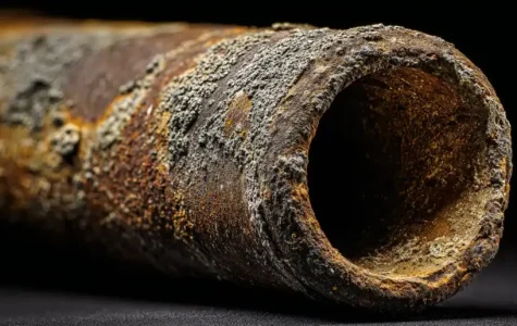Cutaway view of a plumbing pipe with heavy hard water mineral buildup inside a home near Charlottesville, Virginia, showing how scale can restrict water flow over time.
