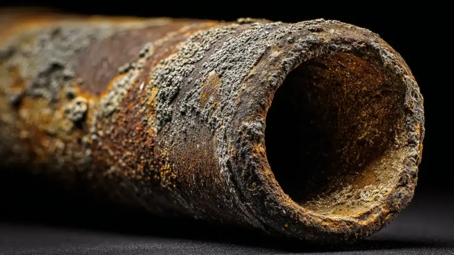Cutaway view of a plumbing pipe with heavy hard water mineral buildup inside a home near Charlottesville, Virginia, showing how scale can restrict water flow over time.