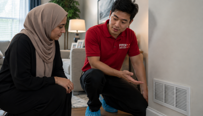 Homeowner and Fitch Services HVAC technician inspecting a living room air conditioning vent inside a modern suburban Virginia home.