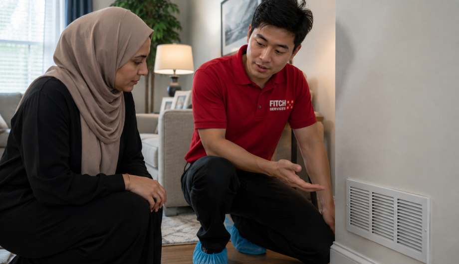 Homeowner and Fitch Services HVAC technician inspecting a living room air conditioning vent inside a modern suburban Virginia home.