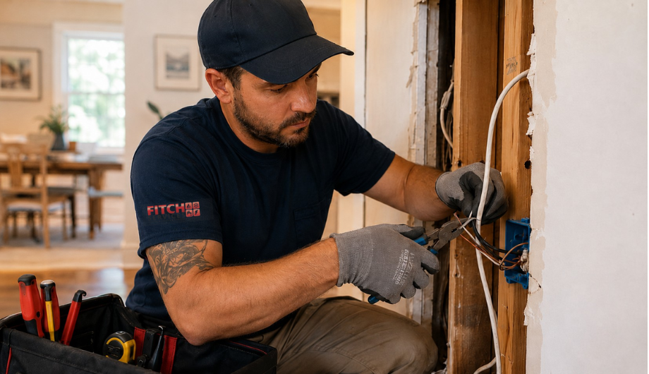 Electrician repairing damaged residential circuit wiring near Charlottesville, VA.