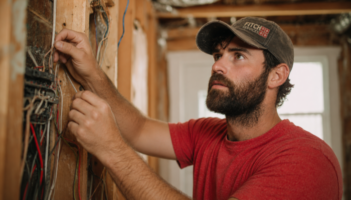 Electrician replacing outdated electrical wiring during a home rewiring project near Charlottesville, VA.