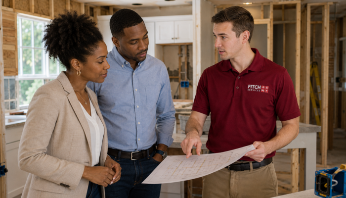 Homeowners reviewing electrical remodeling plans with a Fitch Services electrician in a Charlottesville-area home.