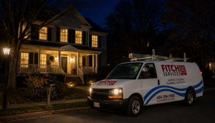 Fitch Services emergency repair van arriving at a Charlottesville-area home at night for an after-hours electrical service call.