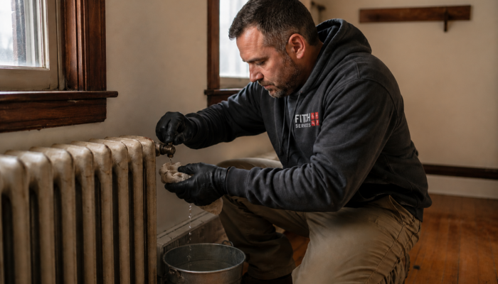 Licensed HVAC technician bleeding air from an old residential hot water radiator during boiler repair service inside a historic Virginia home.