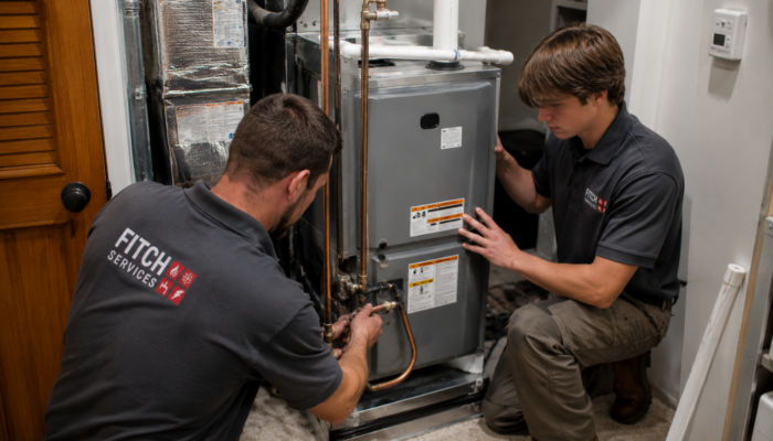 Fitch Services technicians installing a new residential HVAC air handler system in a Charlottesville-area home.