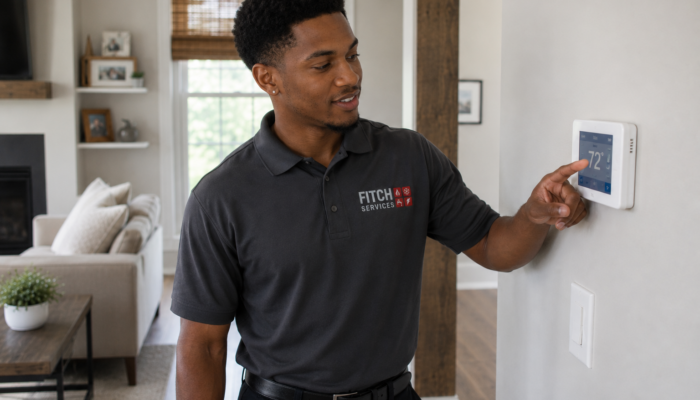 HVAC technician adjusting a smart thermostat for a heat pump inside a bright modern Virginia living room.