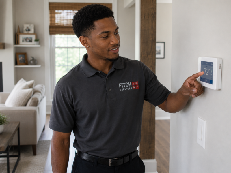 HVAC technician adjusting a smart thermostat for a heat pump inside a bright modern Virginia living room.