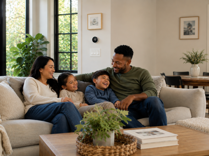 Family relaxing together in a bright modern Charlottesville, Virginia living room after a new heat pump installation.