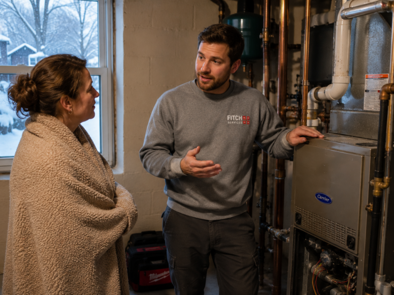 Homeowner discussing a winter heating repair with a Fitch Services technician near Charlottesville, VA.