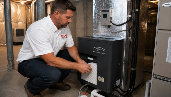 HVAC technician servicing a whole-home dehumidifier system in Charlottesville, VA.