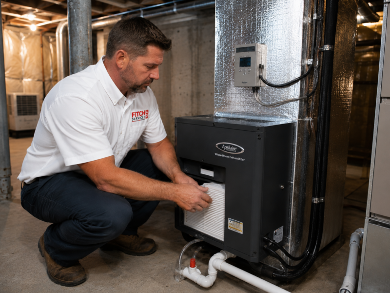 HVAC technician servicing a whole-home dehumidifier system in Charlottesville, VA.