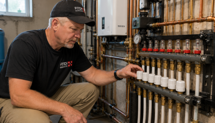 HVAC technician servicing a residential radiant floor heating system in Charlottesville, VA.