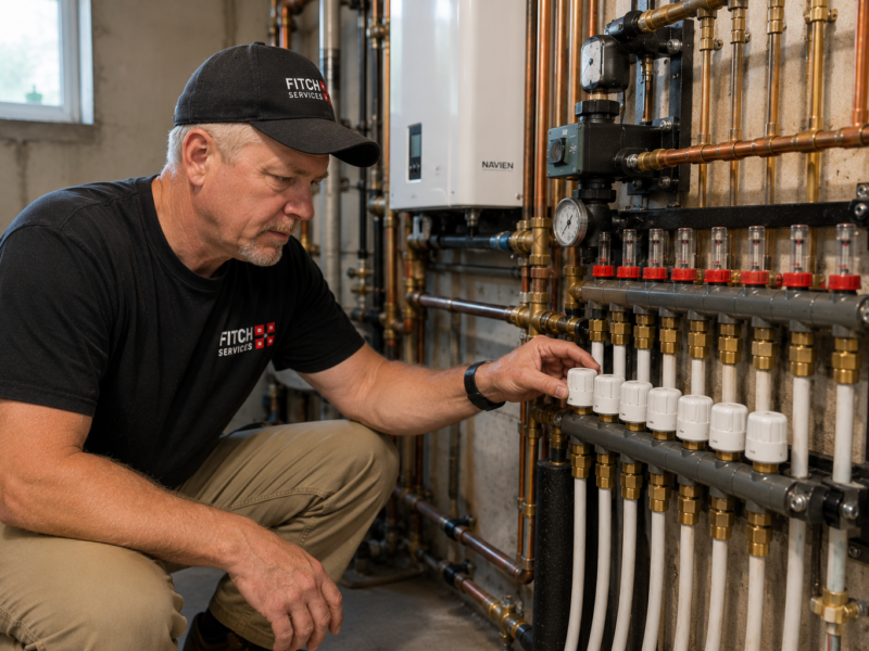 HVAC technician servicing a residential radiant floor heating system in Charlottesville, VA.
