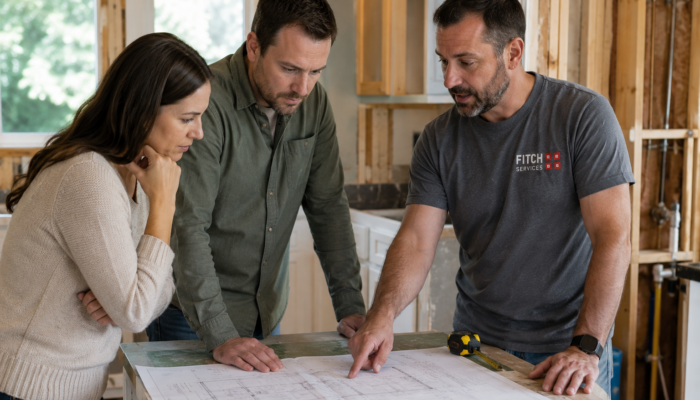 Homeowners reviewing plumbing remodeling plans with a Fitch Services plumber in a Charlottesville-area home.