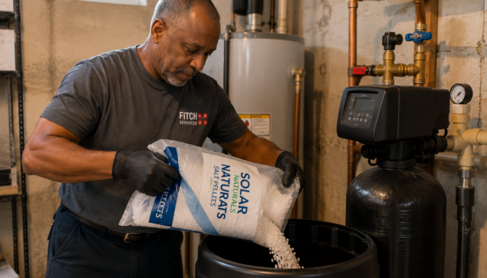 Plumber servicing a residential water softener system near Charlottesville, VA.