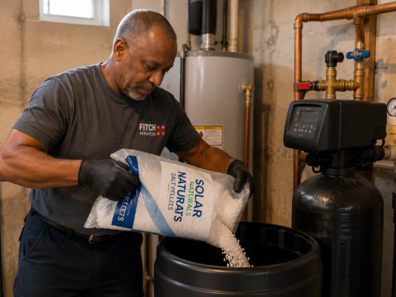 Plumber servicing a residential water softener system near Charlottesville, VA.