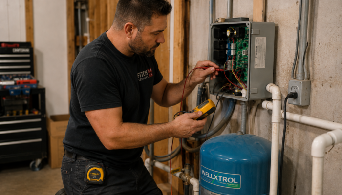 Technician repairing a residential well pump control system in a Charlottesville-area home.