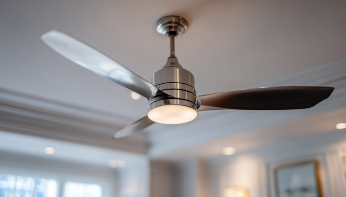 Modern ceiling fan installed in a renovated bedroom inside a Charlottesville-area home.