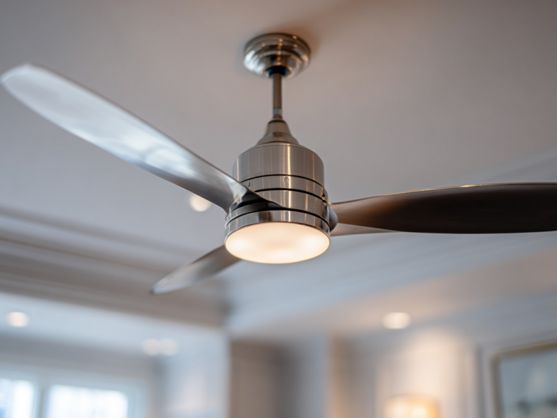 Modern ceiling fan installed in a renovated bedroom inside a Charlottesville-area home.