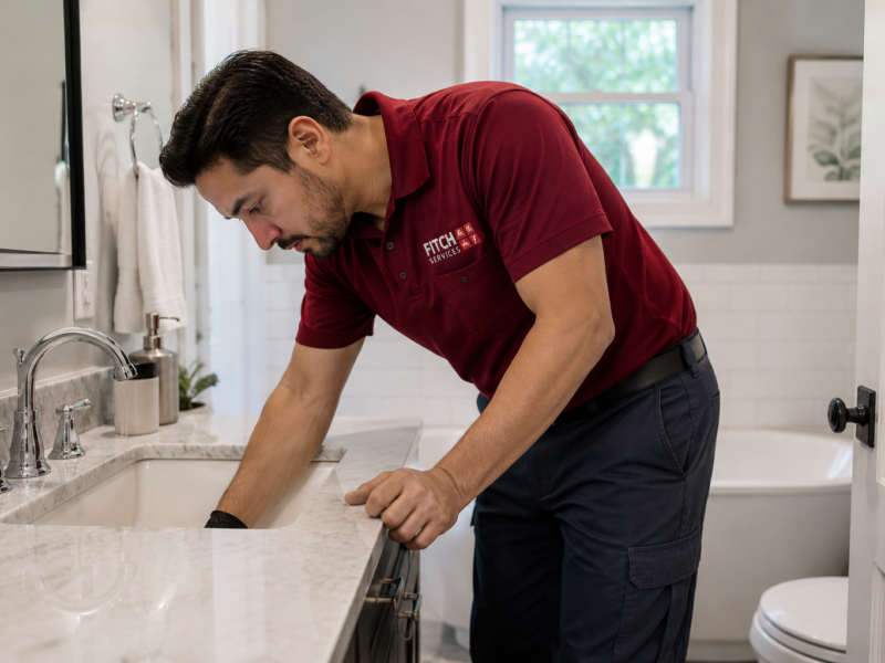 Hispanic Fitch Services plumber inspecting a bathroom sink drain inside a modern Charlottesville-area home, leaning over a marble vanity while diagnosing a residential plumbing clog in a clean, naturally lit bathroom.