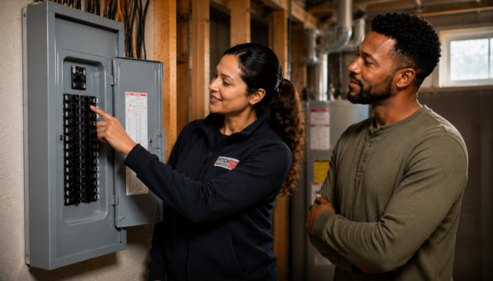 Homeowner reviewing a new electrical panel installation with an electrician near Charlottesville, VA.