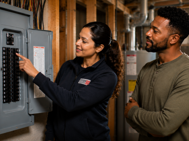 Homeowner reviewing a new electrical panel installation with an electrician near Charlottesville, VA.