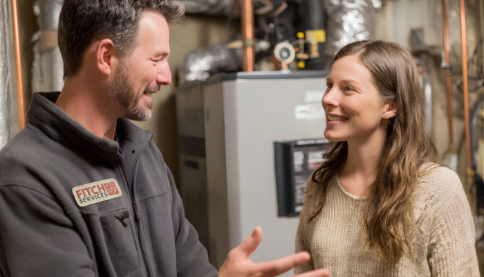 Homeowner discussing gas line bonding improvements with an electrical technician during a residential service visit near Charlottesville, VA.