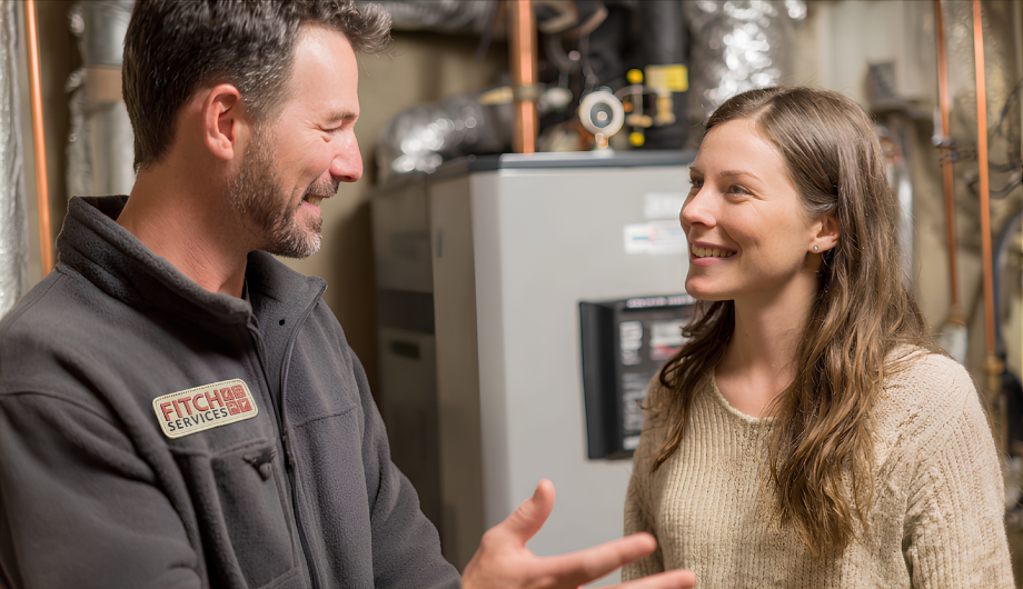Homeowner discussing gas line bonding improvements with an electrical technician during a residential service visit near Charlottesville, VA.