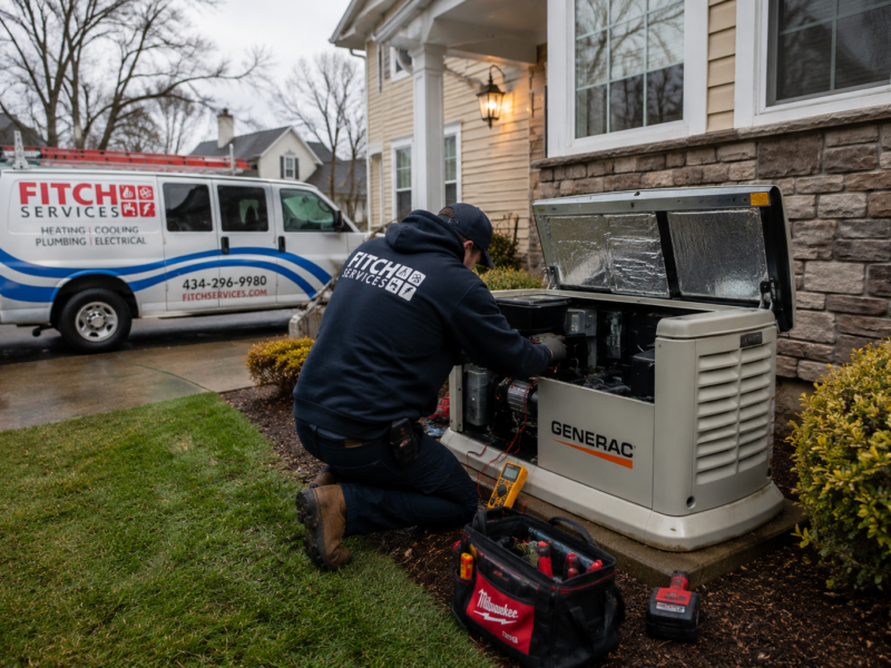 Technician performing routine maintenance and repair on a whole-home GENERAC generator outside a Charlottesville-area home during the day.