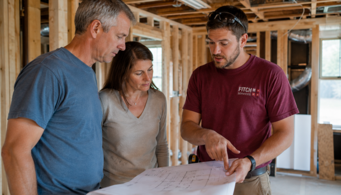 Fitch Services HVAC technician reviewing remodeling plans with homeowners during a Virginia home renovation project.