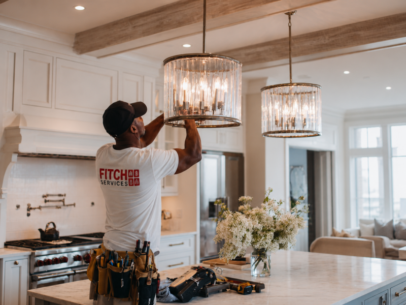 Electrician installing a modern pendant light fixture in a Charlottesville-area kitchen.
