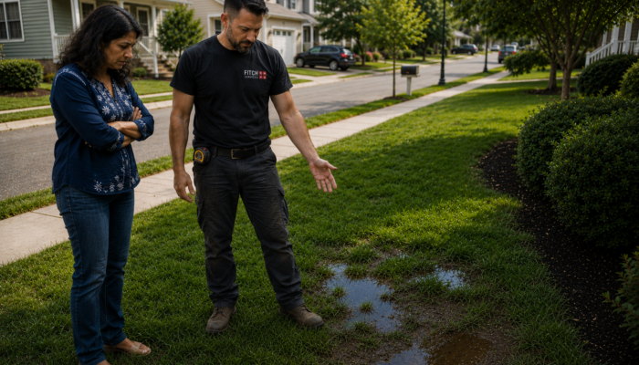 Homeowner discussing underground water line leak repairs with a plumber in a Charlottesville-area neighborhood.