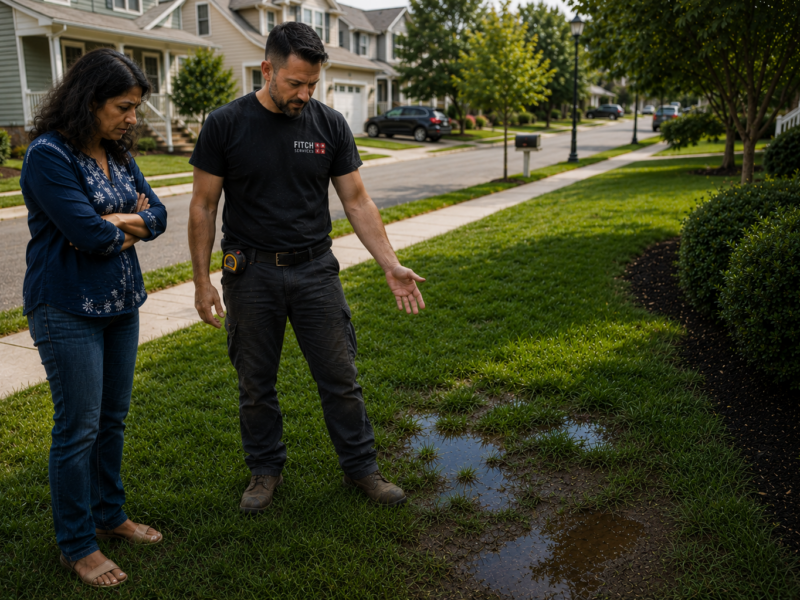 Homeowner discussing underground water line leak repairs with a plumber in a Charlottesville-area neighborhood.